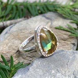 Sterling Silver Yellow Flash Labradorite Pave White Topaz Ring Size 6.5
